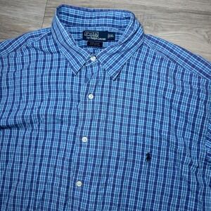 Vintage Polo Ralph Lauren Marlowe Button Up‎ Shirt Plaid Blue Pocket Pony SZ 2XL